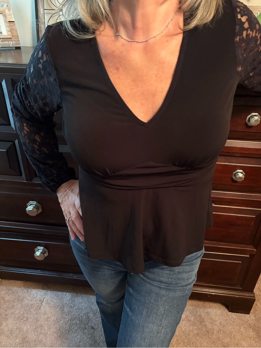 Michael Kors Black V-Neck Lace Sleeve Peplum Blouse
